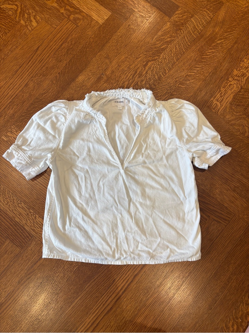 Frame Denim White Ruffled Split-Neck Puff Sleeve Top